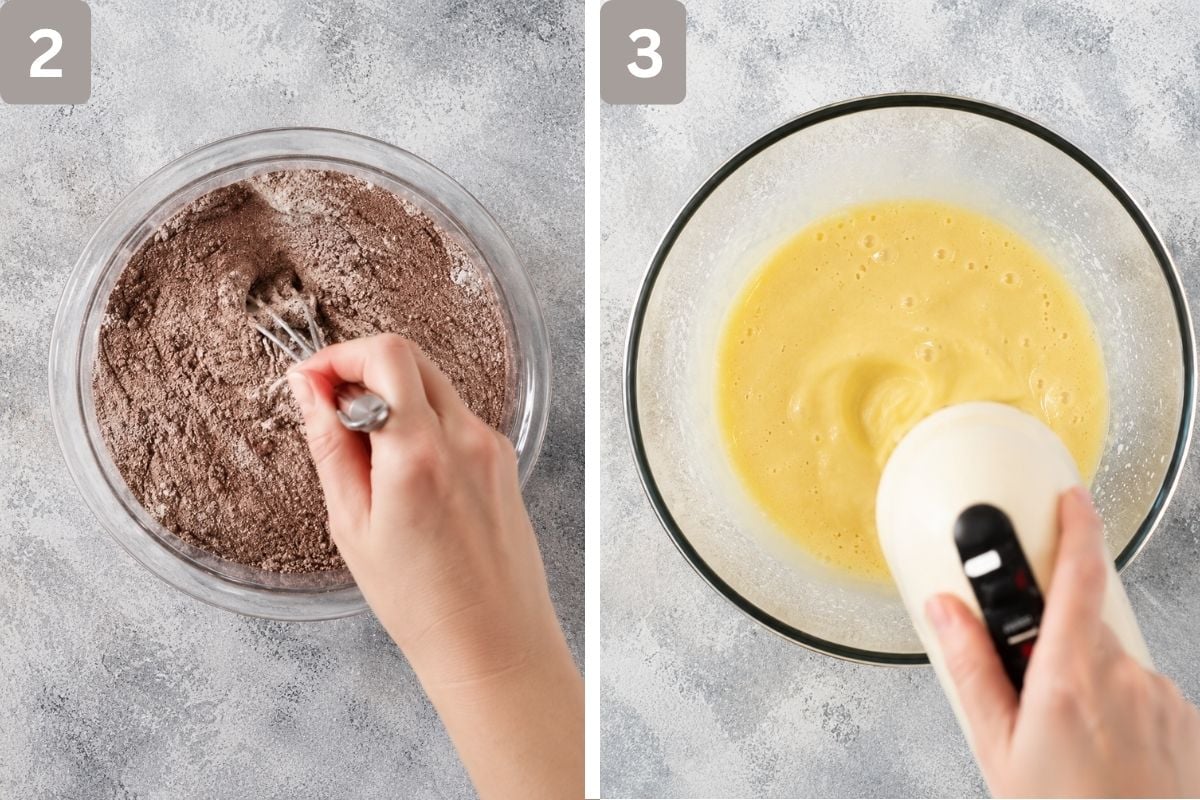 flour, Dutch-processed cocoa powder, sugar, baking powder, salt, and espresso powder combined and oil, eggs, buttermilk, and vanilla beaten in a separate bowl