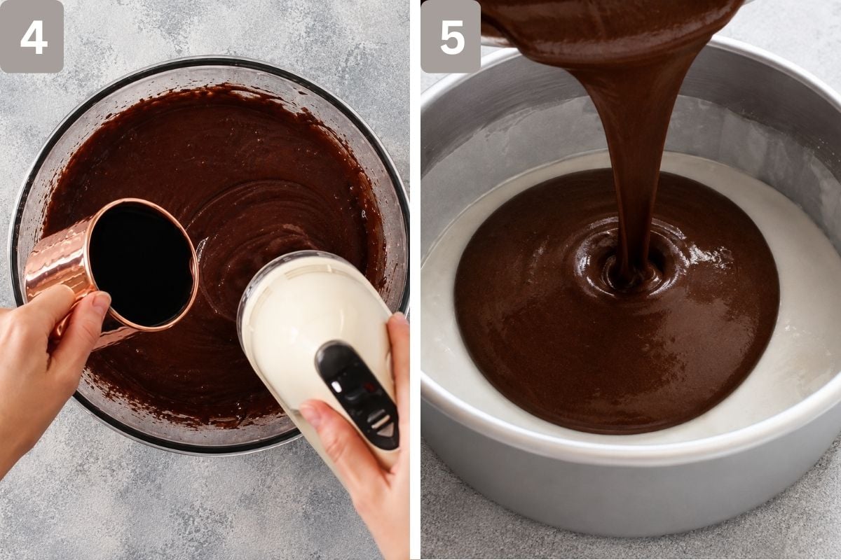 Dry ingredients added and mixed, and poured into cake pans
