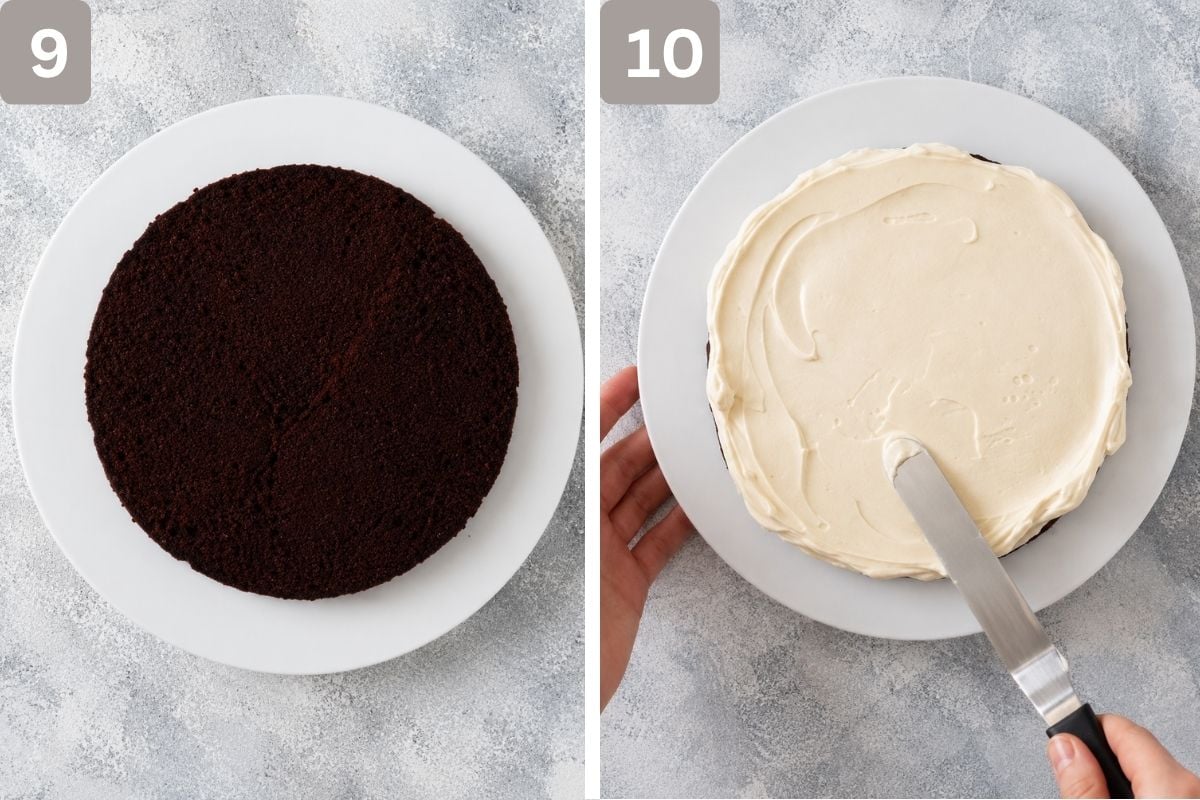 Thin layer trimmed from top of cake and frosted between layers