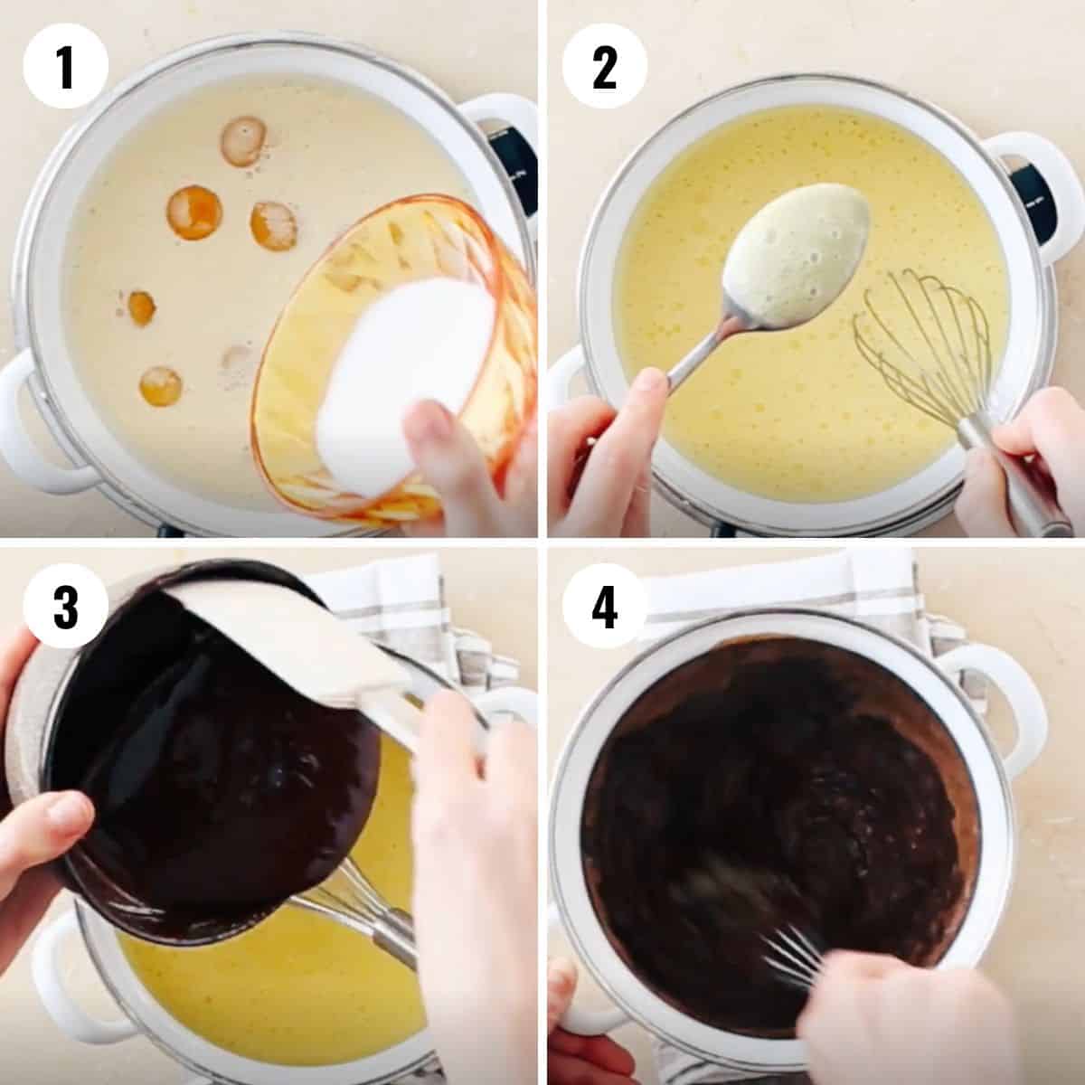 A collage showing mixing up the homemade chocolate mousse for the cake.