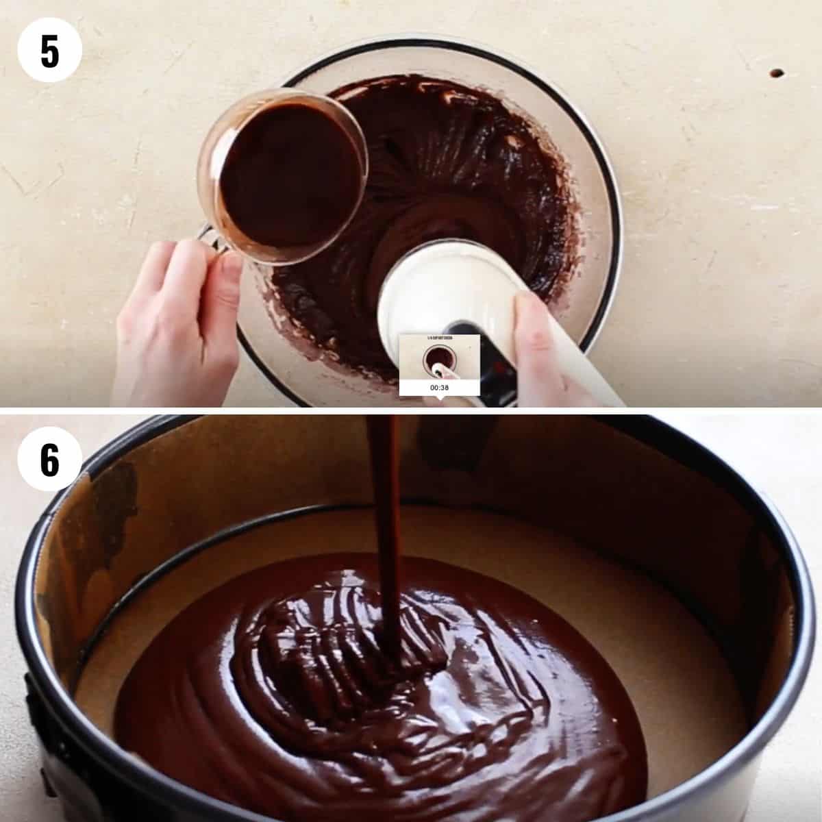 Adding hot cocoa to the cake batter and then pouring it into a baking pan.