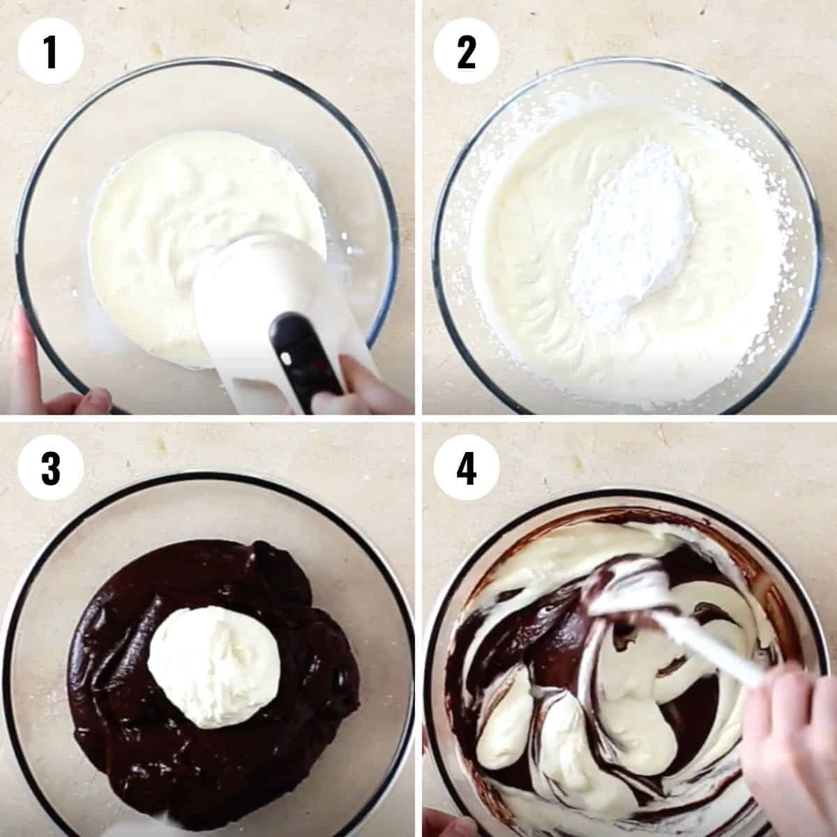 A collage beating the whipped cream and then mixing with the chocolate made earlier.