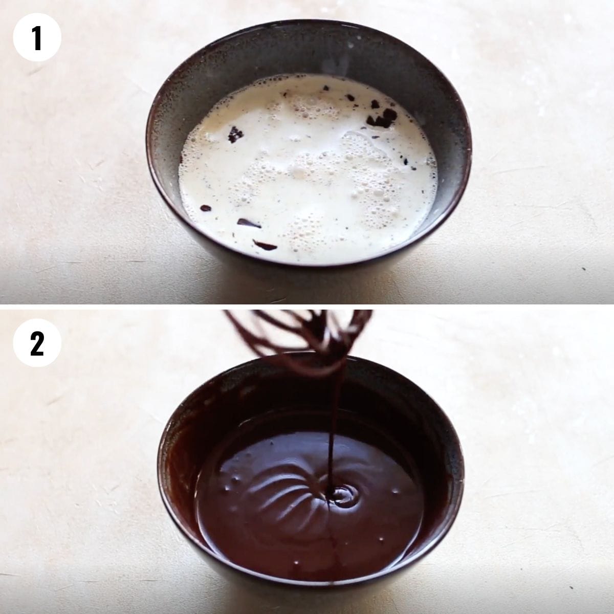 Ingredients in a bowl to make the chocolate ganache and then after it's melted and mixed together.