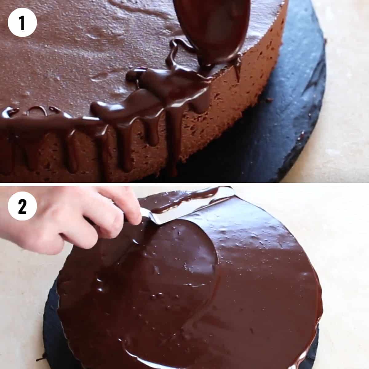 A collage showing how to add the ganache to the chocolate mousse cake.