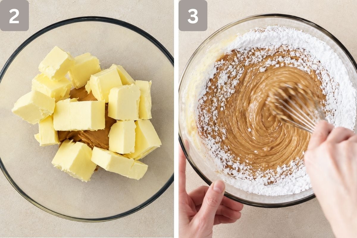 peanut butter and butter melted and sifted powdered sugar added and mixed in