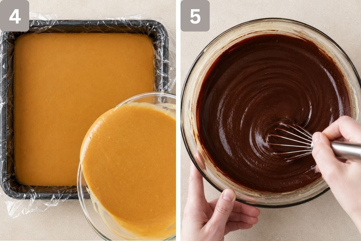 half of peanut butter mixture added to a pan, and melted chocolate and peanut butter mixed