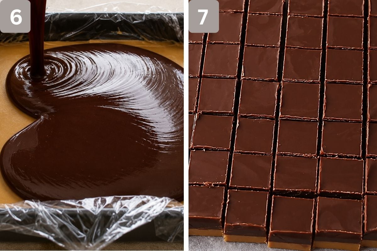 chocolate mixture poured over peanut butter and cut once it has been chilled