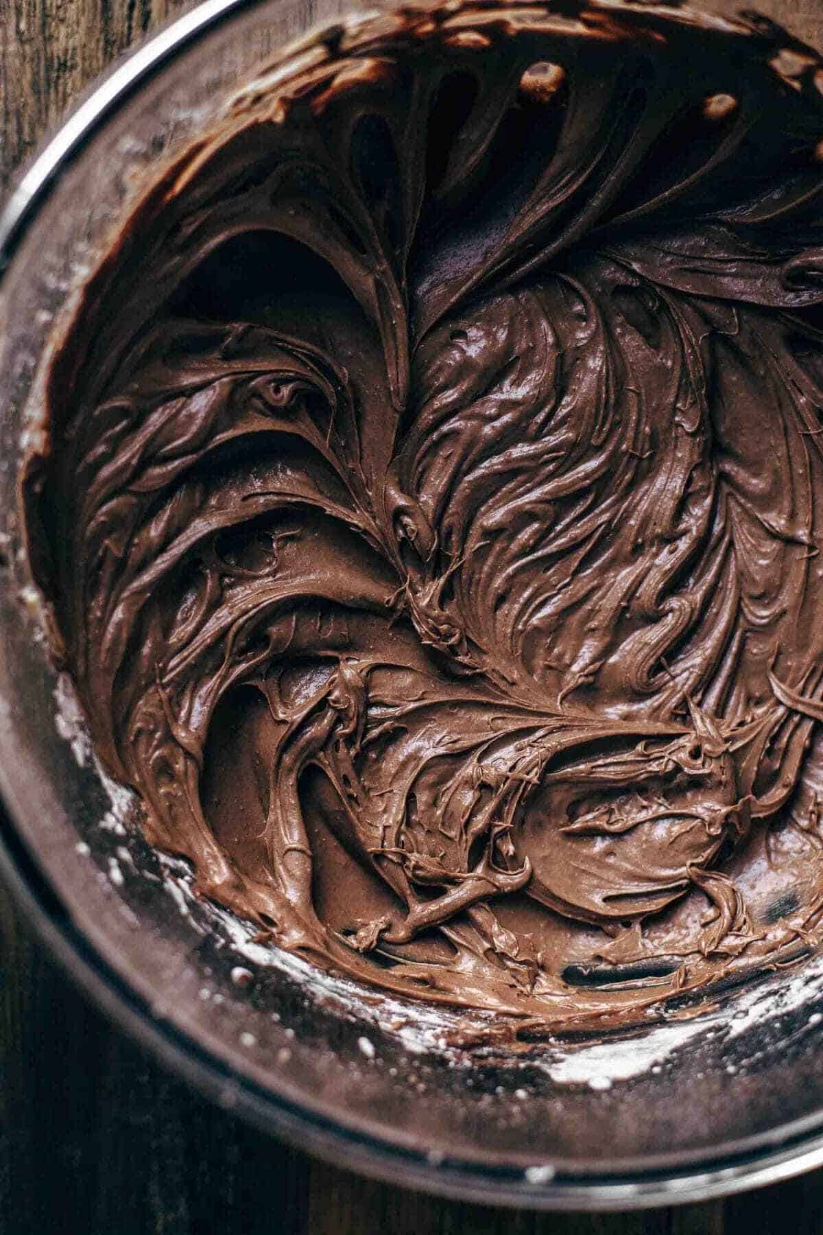 mixed chocolate frosting in mixing bowl