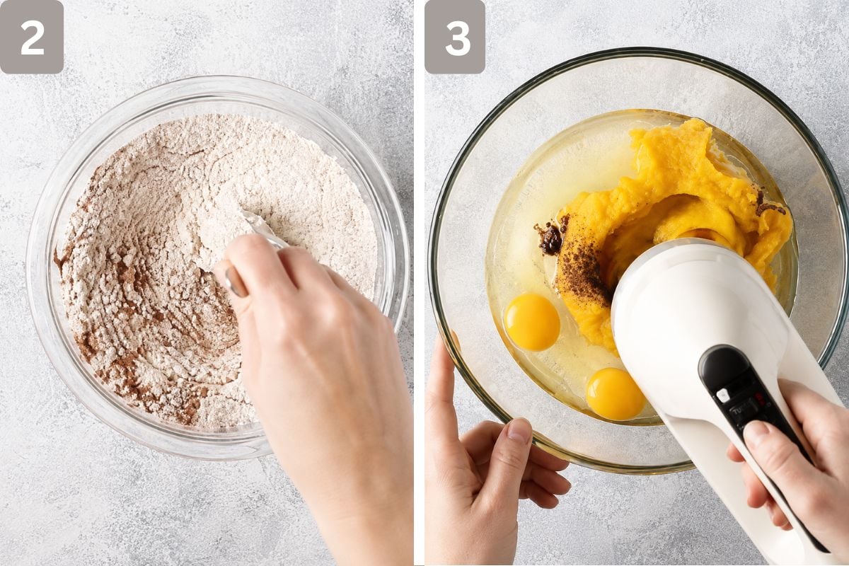 flour, baking soda, salt, cinnamon, ginger, nutmeg, and allspice whisked together and in a separate bowl, oil, eggs, sugar, pumpkin puree, and vanilla beaten until smooth