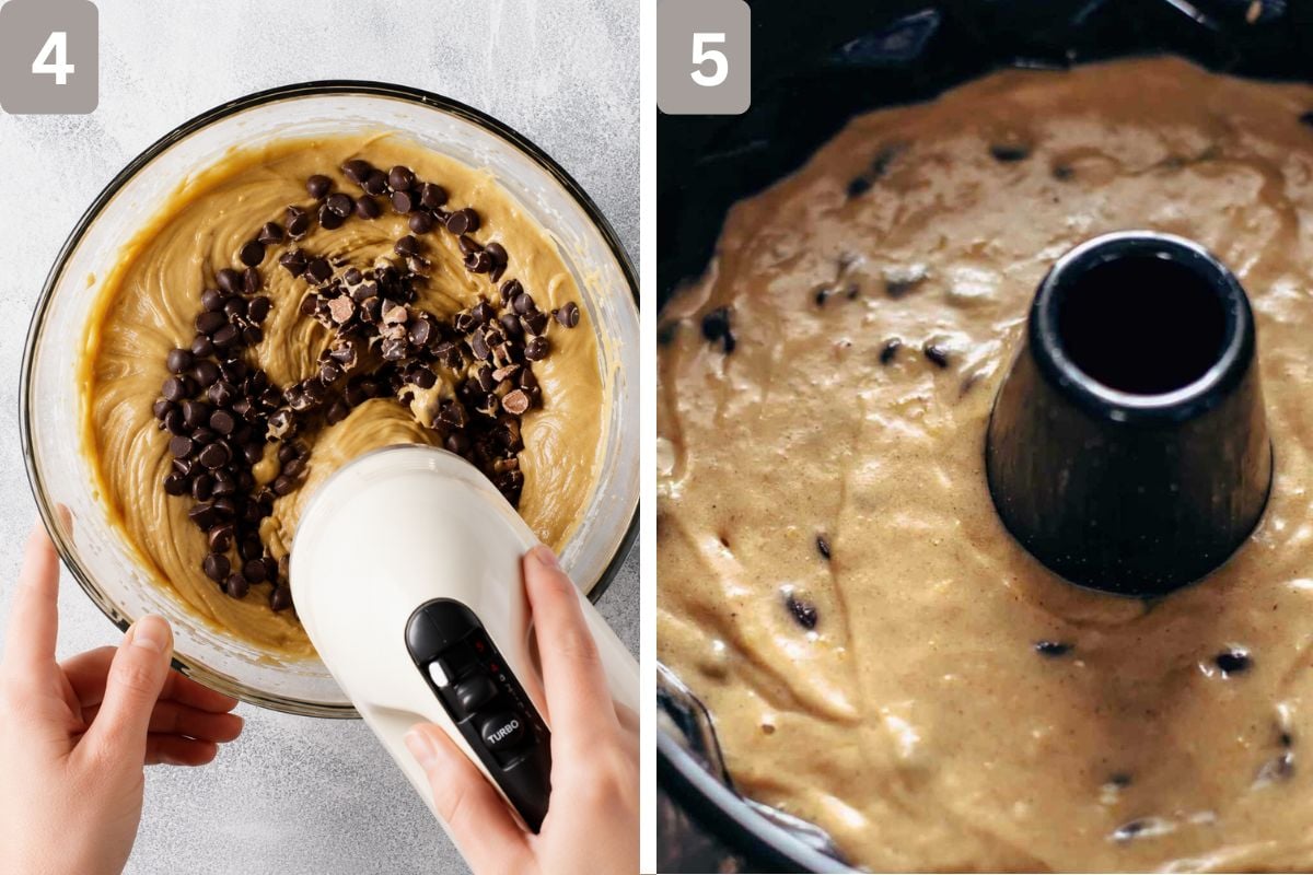 dry ingredients added to wet ingredients and mixed, chocolate chips added and mixed, and batter poured into a bundt cake pan