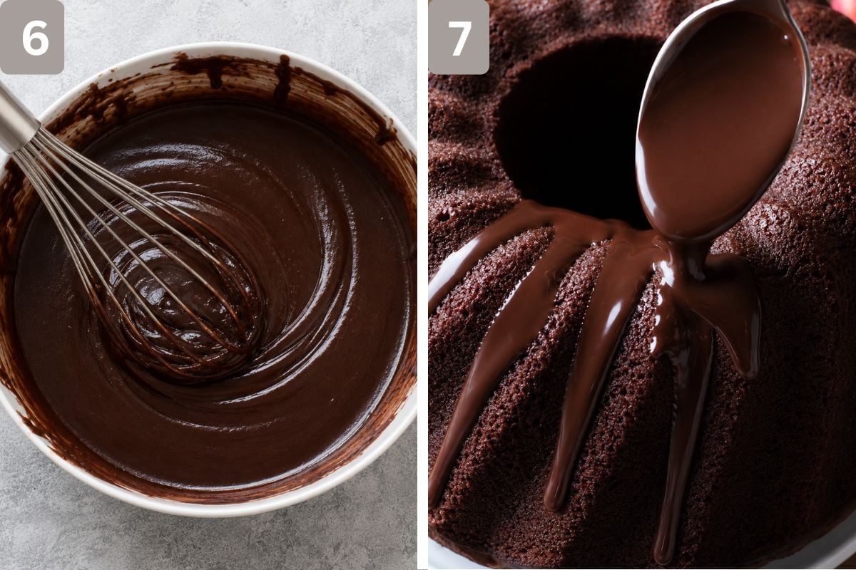 powdered sugar, cocoa powder, maple syrup and water mixed to make the glaze and spooned over the cooled cake