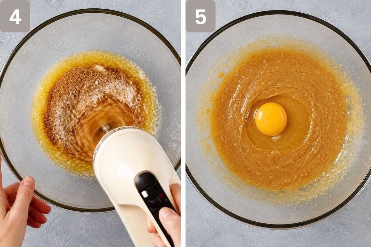 melted butter and sugar mixed and egg and vanilla added and mixed