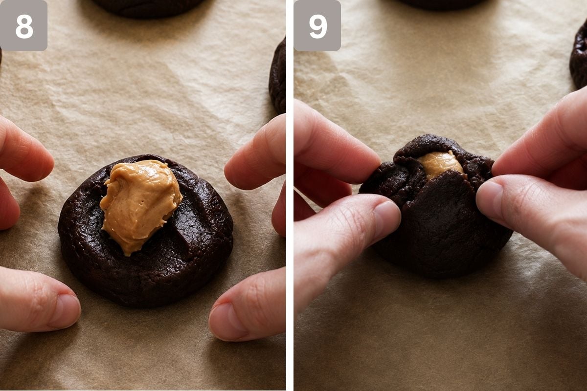 cookie dough flattened, peanut butter filling placed on top, and cookie dough pinched around the peanut butter
