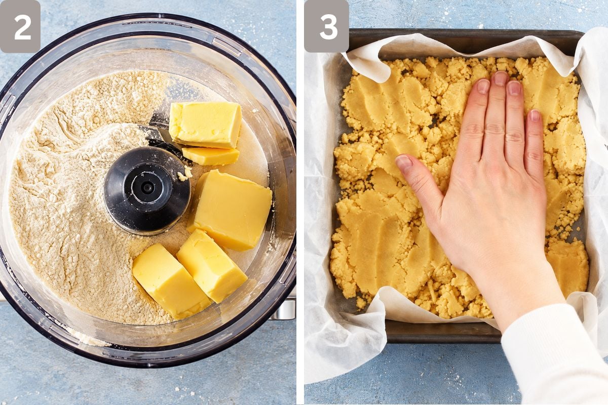 flour, sugar, salt, and cold butter added to a food processor and once pulsed, flattened in a prepared baking pan
