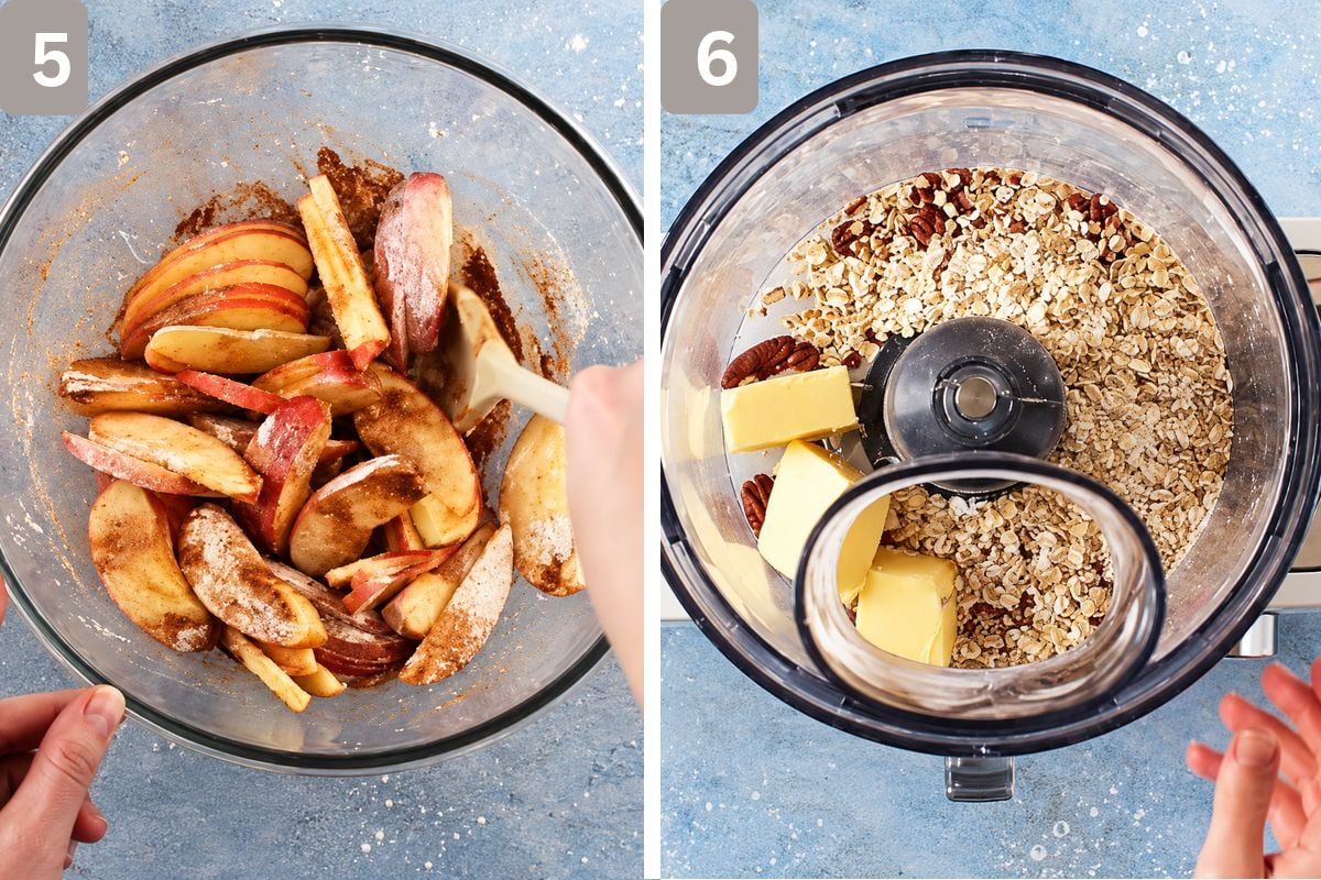 thinly sliced apples, flour, light brown sugar, cinnamon, and vanilla added to bowl and pecans, flour, brown sugar, salt, cold butter, and rolled oats added to a food processor and pulsed