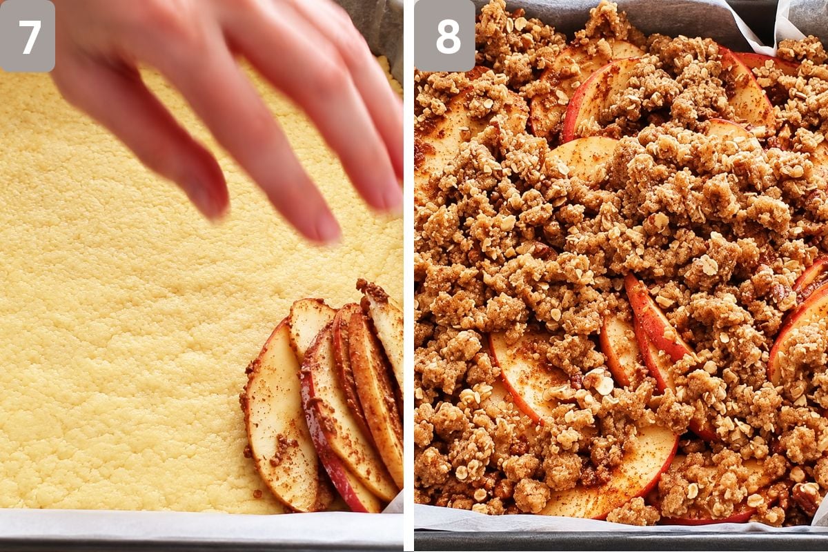 crust with thinly sliced apple mixture placed on top and pecan oatmeal topping added on top of the apples
