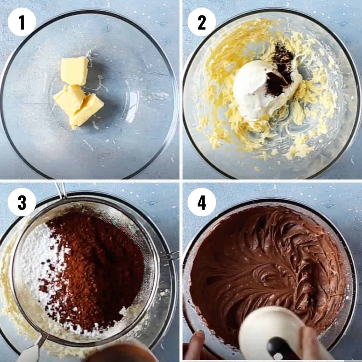 A collage showing the steps for mixing the chocolate frosting.