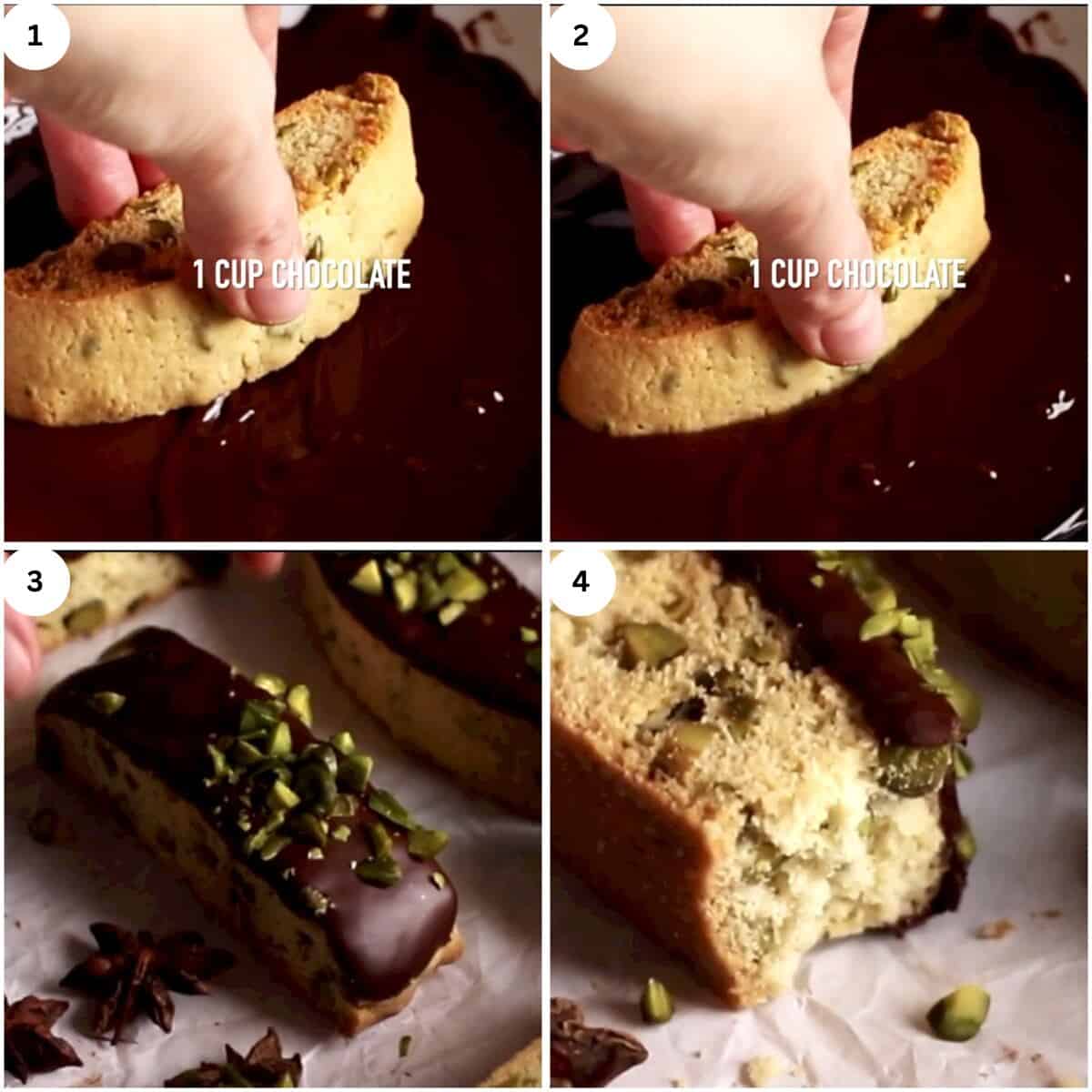 dipping biscotti slices in chocolate