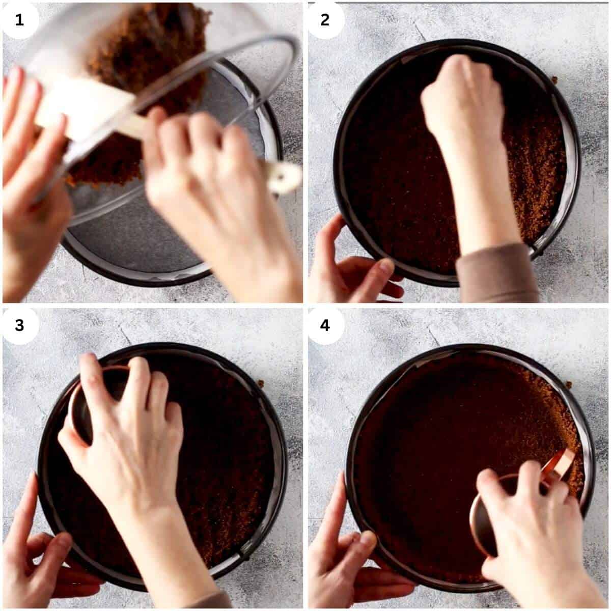 pressing crust into the bottom of a baking pan