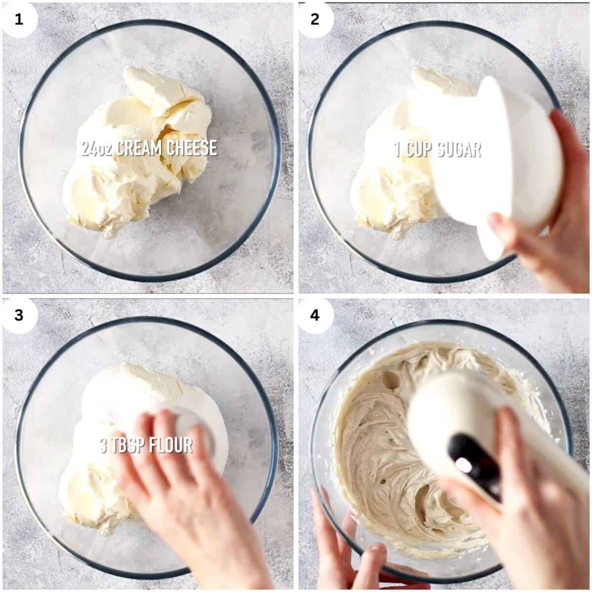 beating cream cheese, sugar, and flour