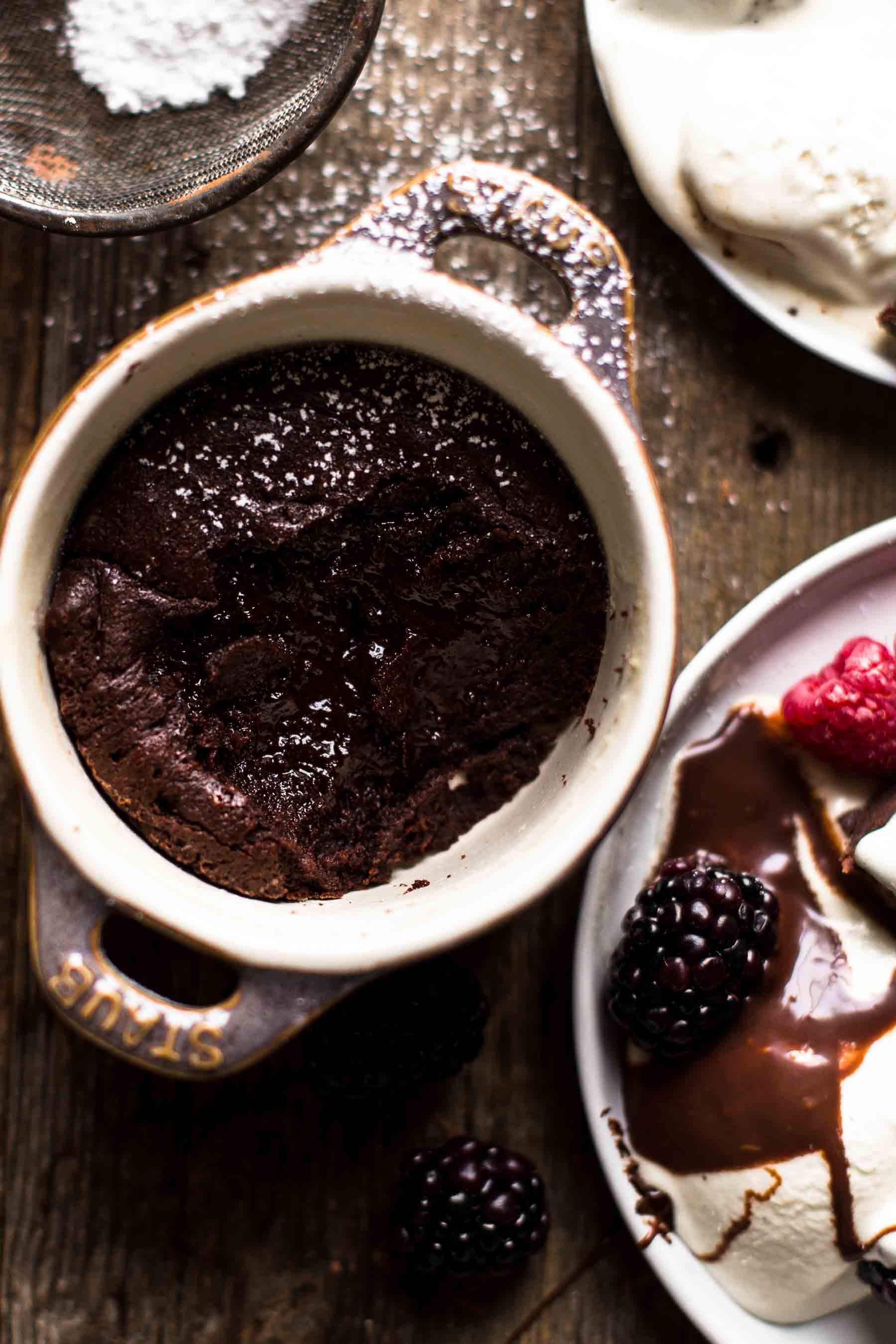 Baked Mini Chocolate Cake in ramekin from above with molten core