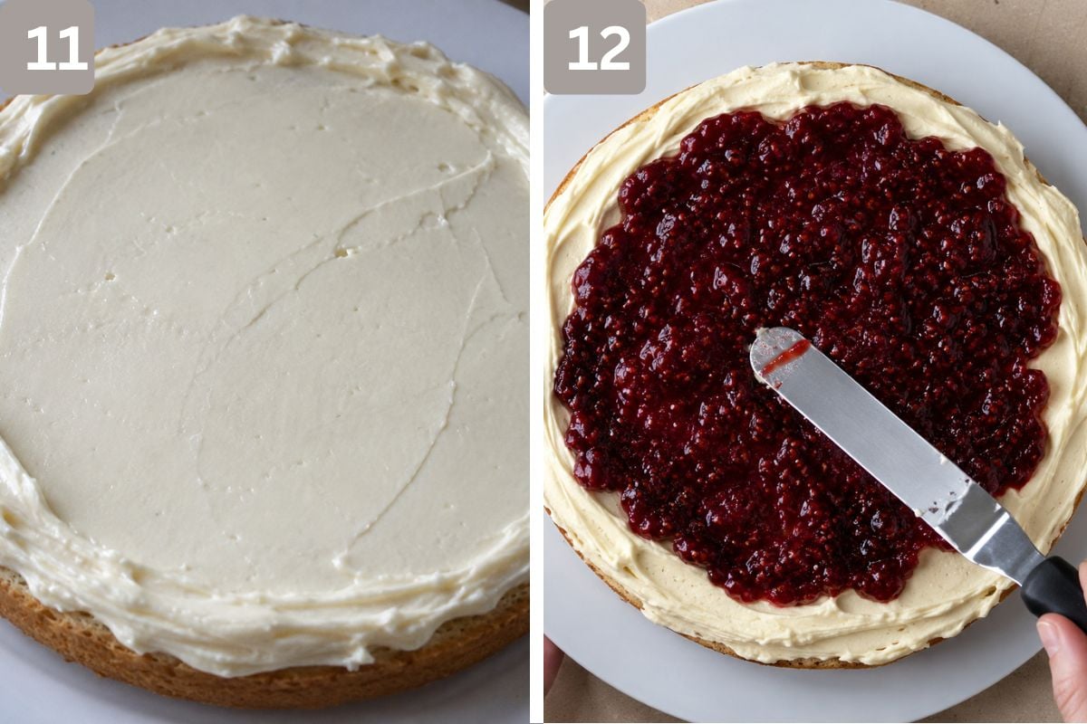 Buttercream added to cake layers, and cranberry filing added on top between layers