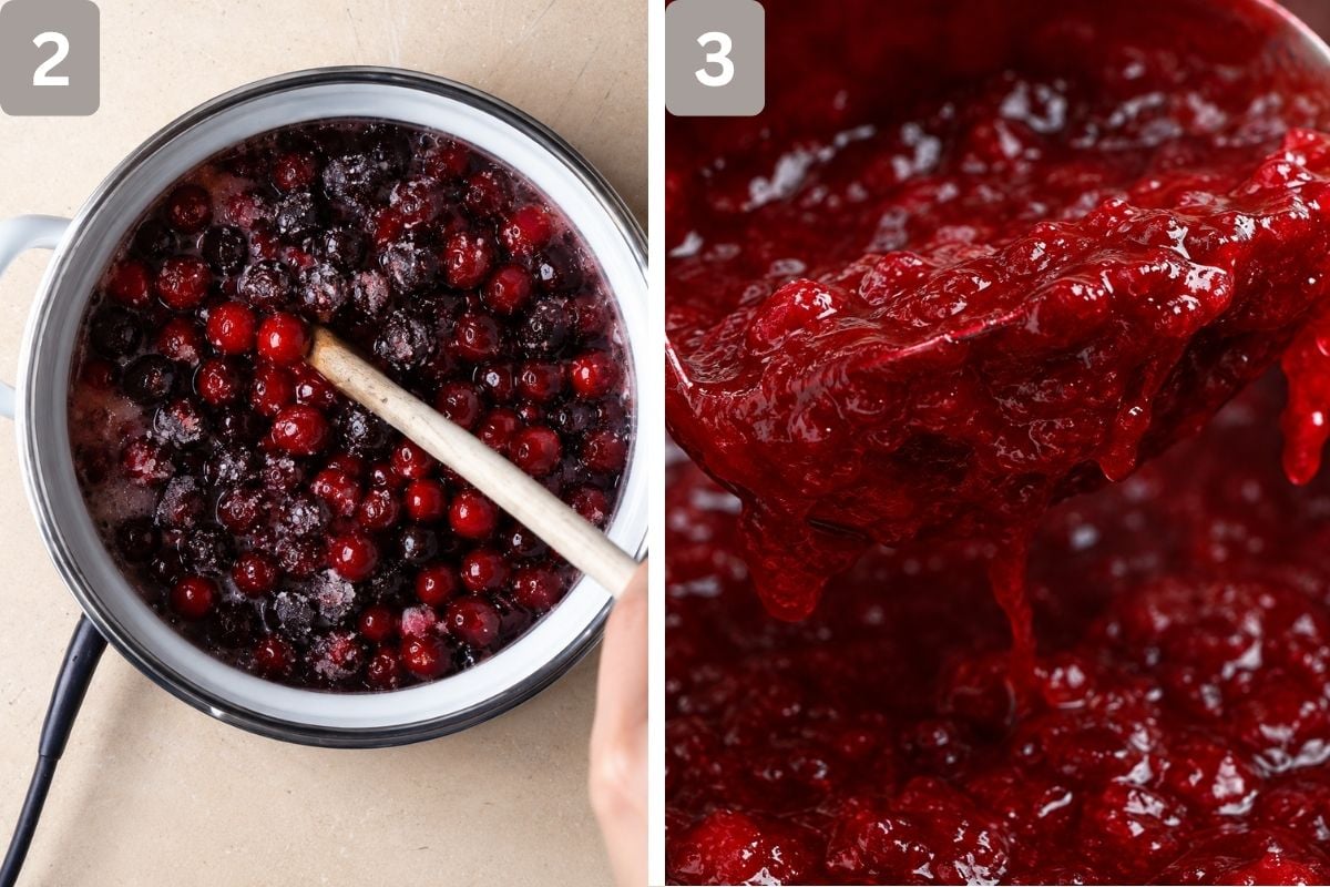 Cranberries, water, orange juice, cornstarch, sugar, and cinnamon added to a saucepan and then mashed