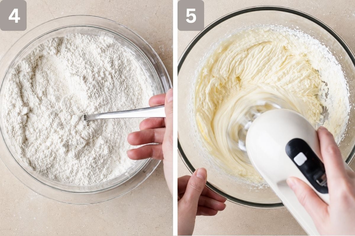 flour, baking powder, and salt combined and butter, oil, and sugar beaten in a separate bowl