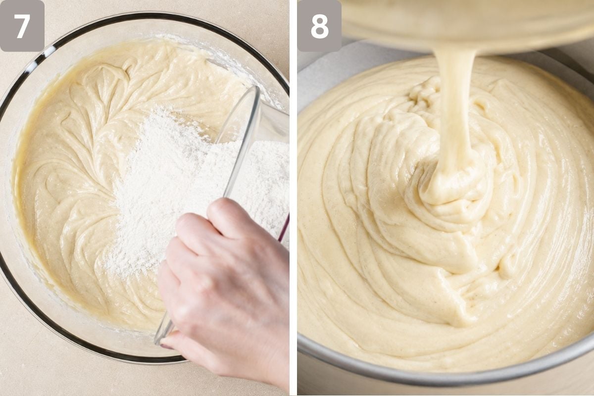 dry ingredients and wet ingredients added alternately and cake batter added to prepared baking pans equally