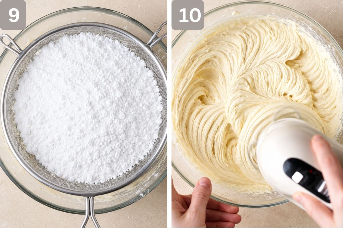 butter beaten and icing sugar added and mixed, melted white chocolate added with orange juice and mixed