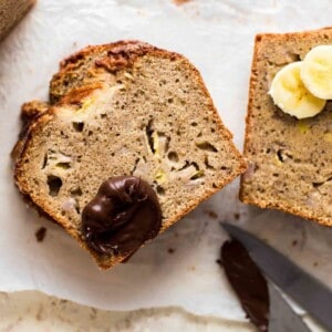 slices of banana bread with a dollop of chocolate spread and banana slices
