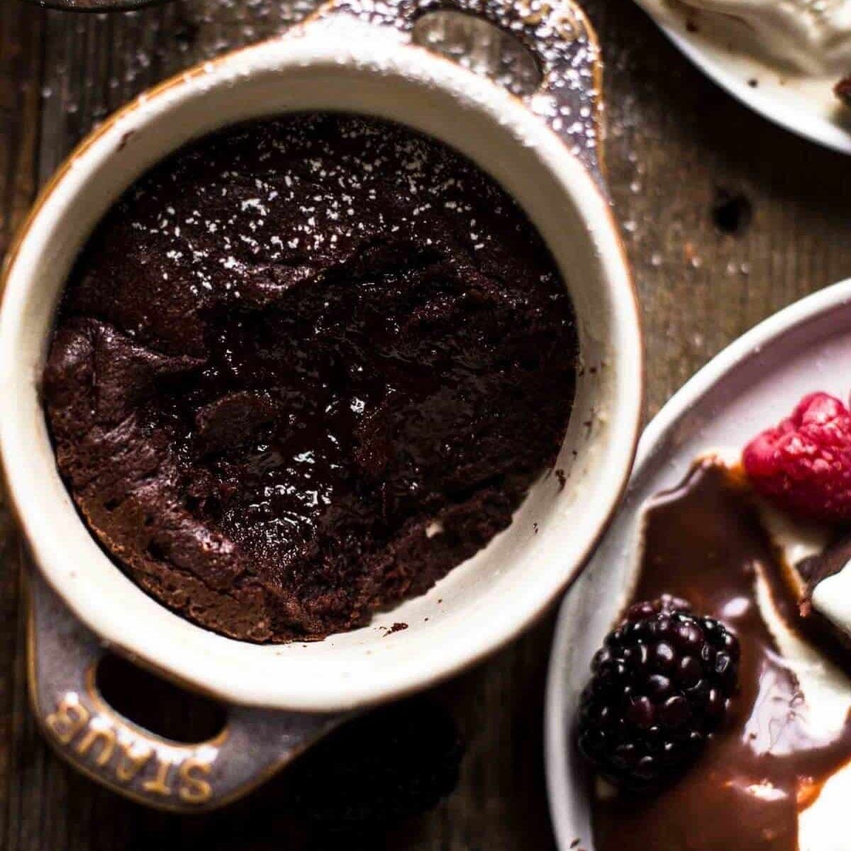 Baked Mini Chocolate Cake in ramekin from above with molten core