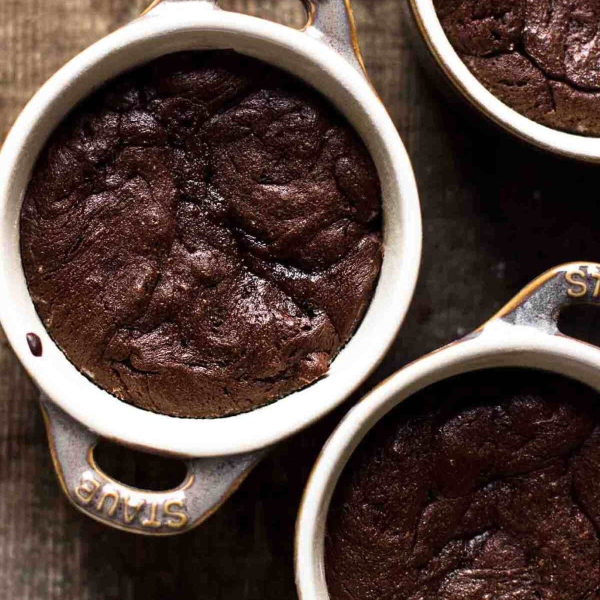 baked mini chocolate cake with moist centers in ramekins