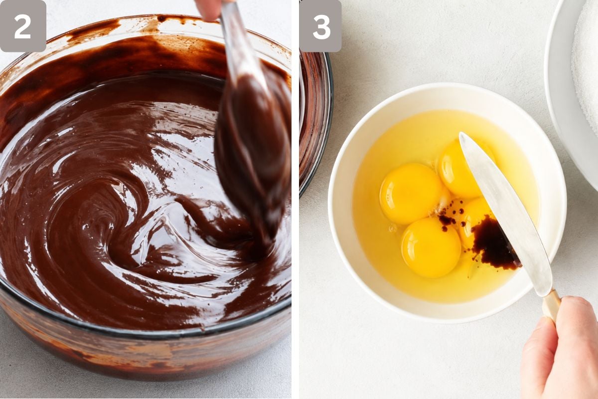 Chocolate and butter melted and eggs, egg yolks, and vanilla mixed in a separate bowl