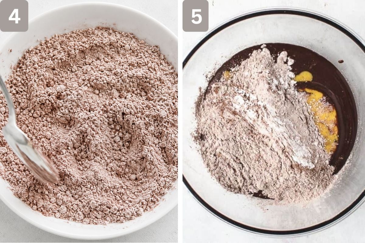 powdered sugar, flour, cocoa powder, and salt mixed, and added to wet ingredients and mixed until smooth