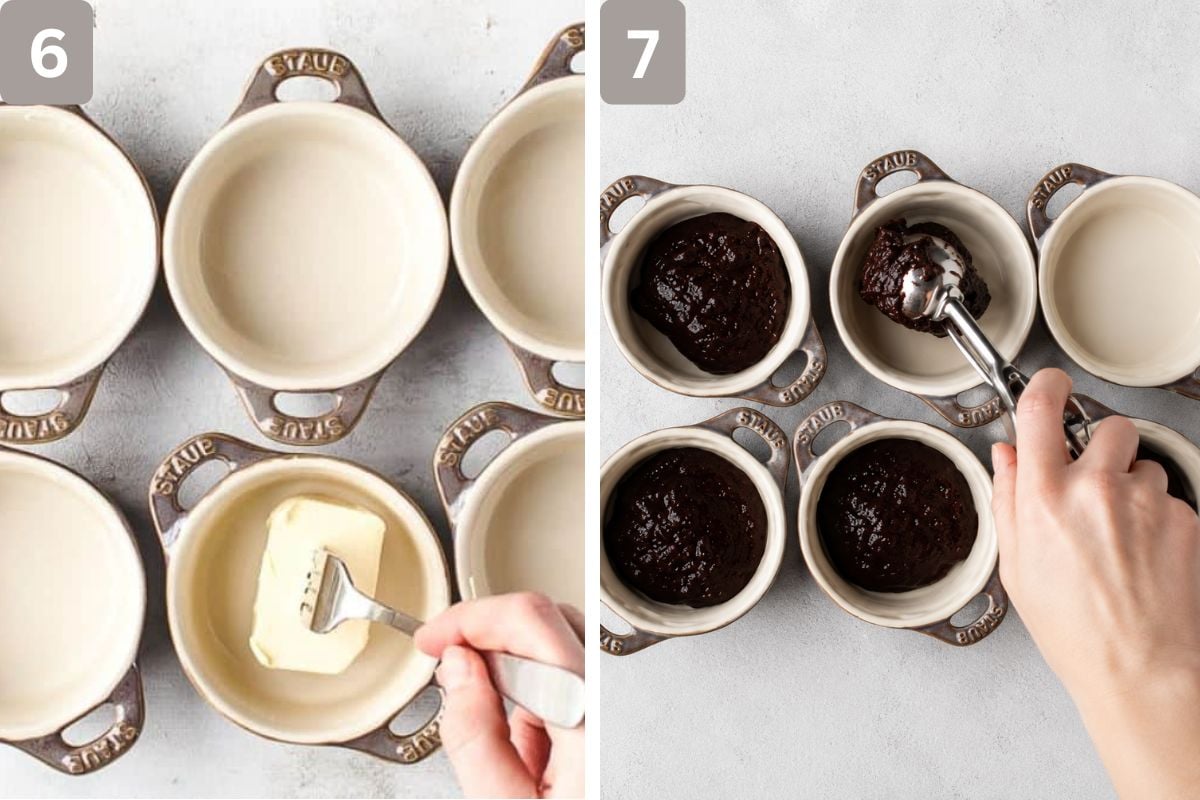 6 ramekins greased well and brownie batter added to ramekins