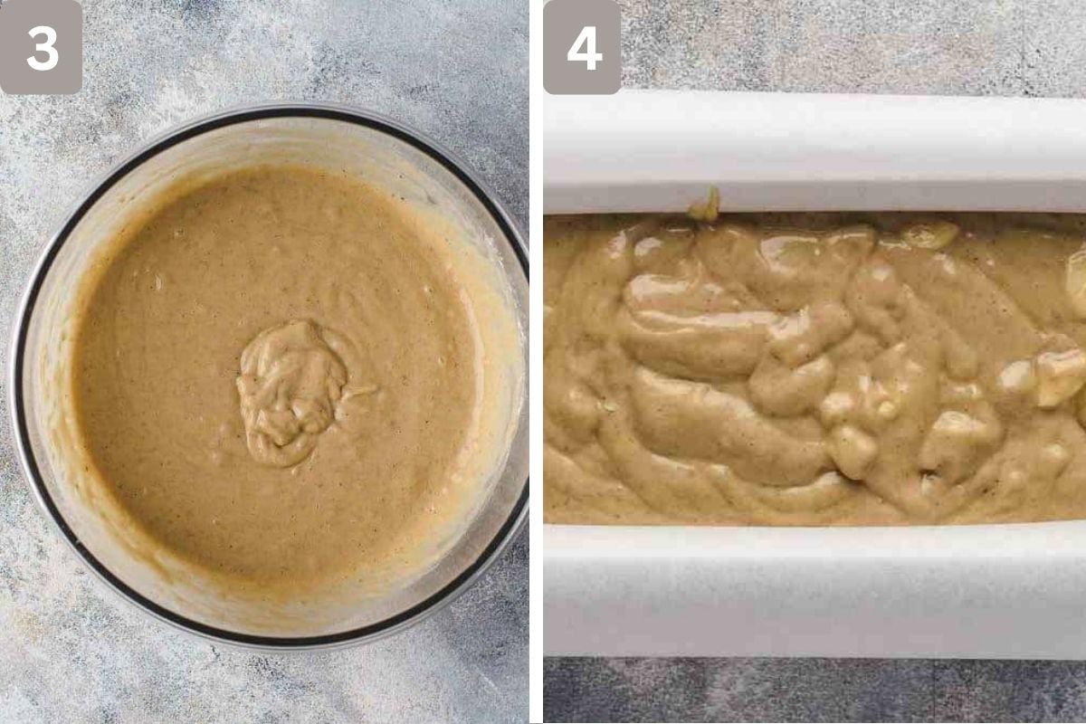 Dry ingredients added to wet ingredients and banana chunks added evenly