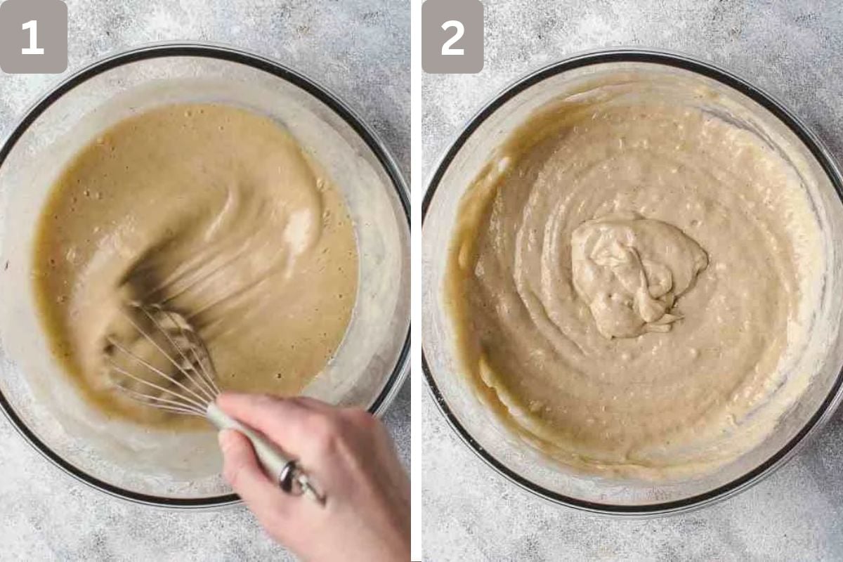 flour, baking powder and salt combined and mixed with mashed bananas, sugar, eggs, and vanilla