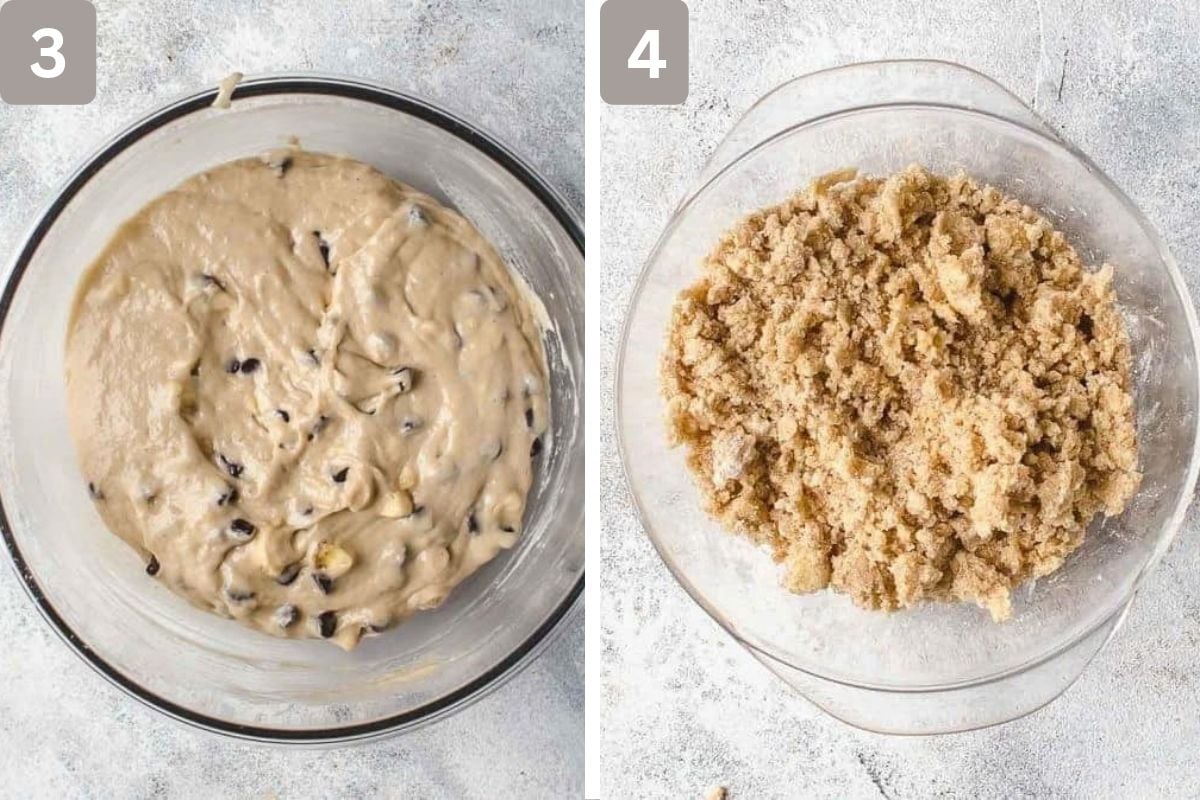 chocolate chips and banana chunks added and flour, brown sugar and butter combined in a separate bowl