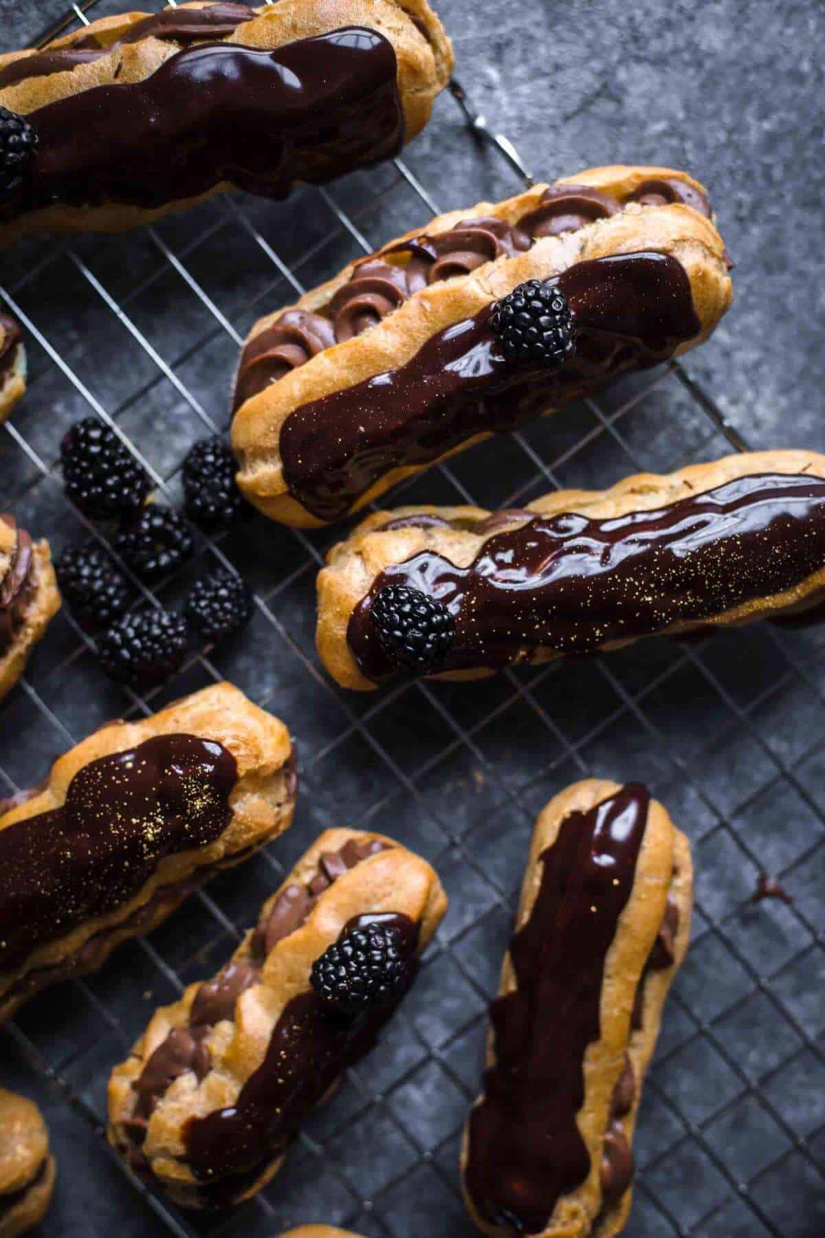 ready to serve chocolate eclairs on wire rack