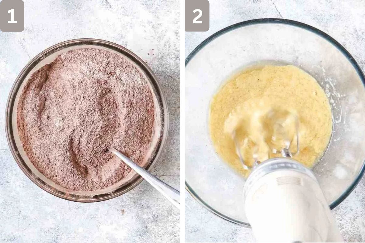 flour, cocoa, sugar, baking powder, salt, and espresso powder combined and oil, eggs, buttermilk, and vanilla mixed in a separate bowl