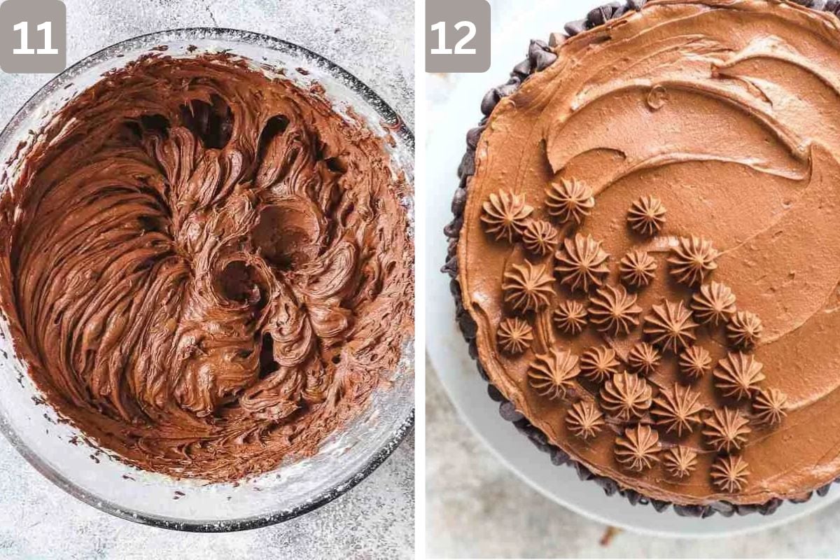 chocolate frosting in a bowl and added to piping bad, and decorating cake with piping bag