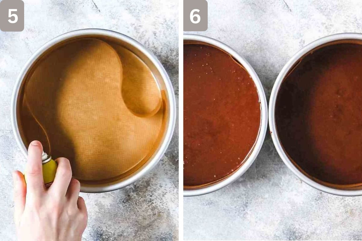 baking pans lined and cake batter added evenly to each pan