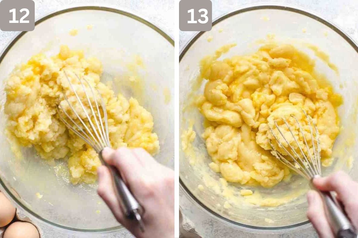 egg added to dough and mixed and second egg added and mixed
