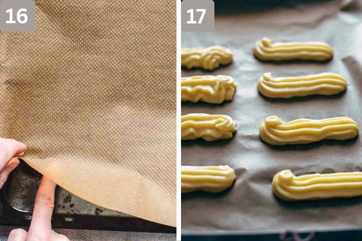 parchment paper lined baking sheets and piped dough placed on the sheets