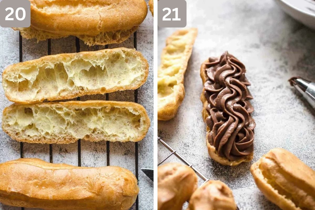 eclairs cooled and filled with chocolate