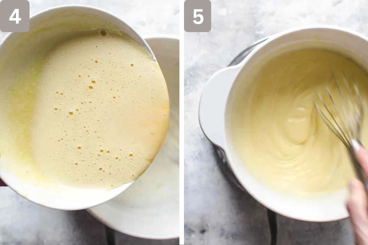 egg mixture added to saucepan and cooked in a saucepan