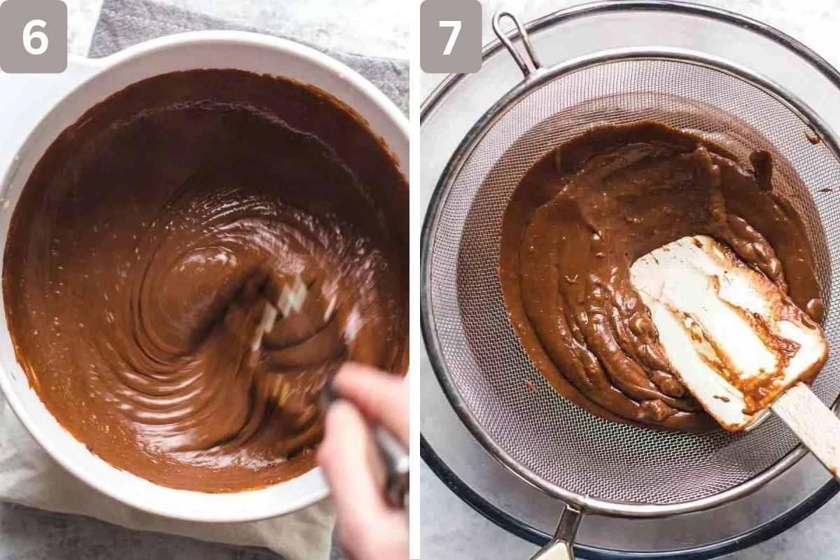 Chocolate and salt added and then strained through a mesh