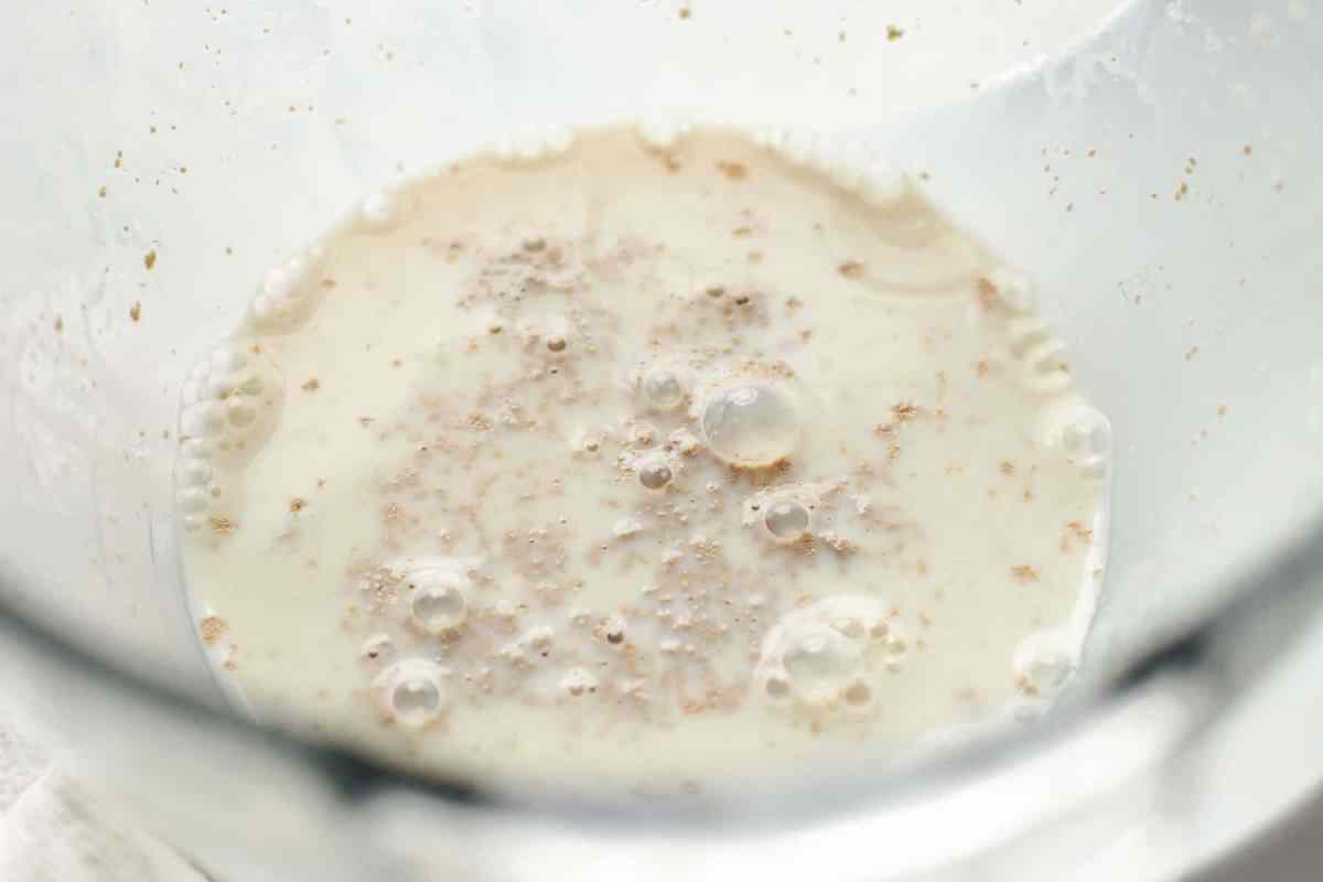 Milk, sugar, and yeast in mixing bowl