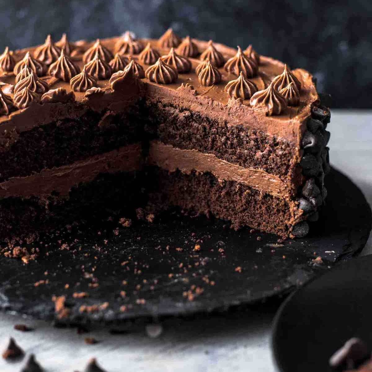 Cut Triple Chocolate Cake on serving plate